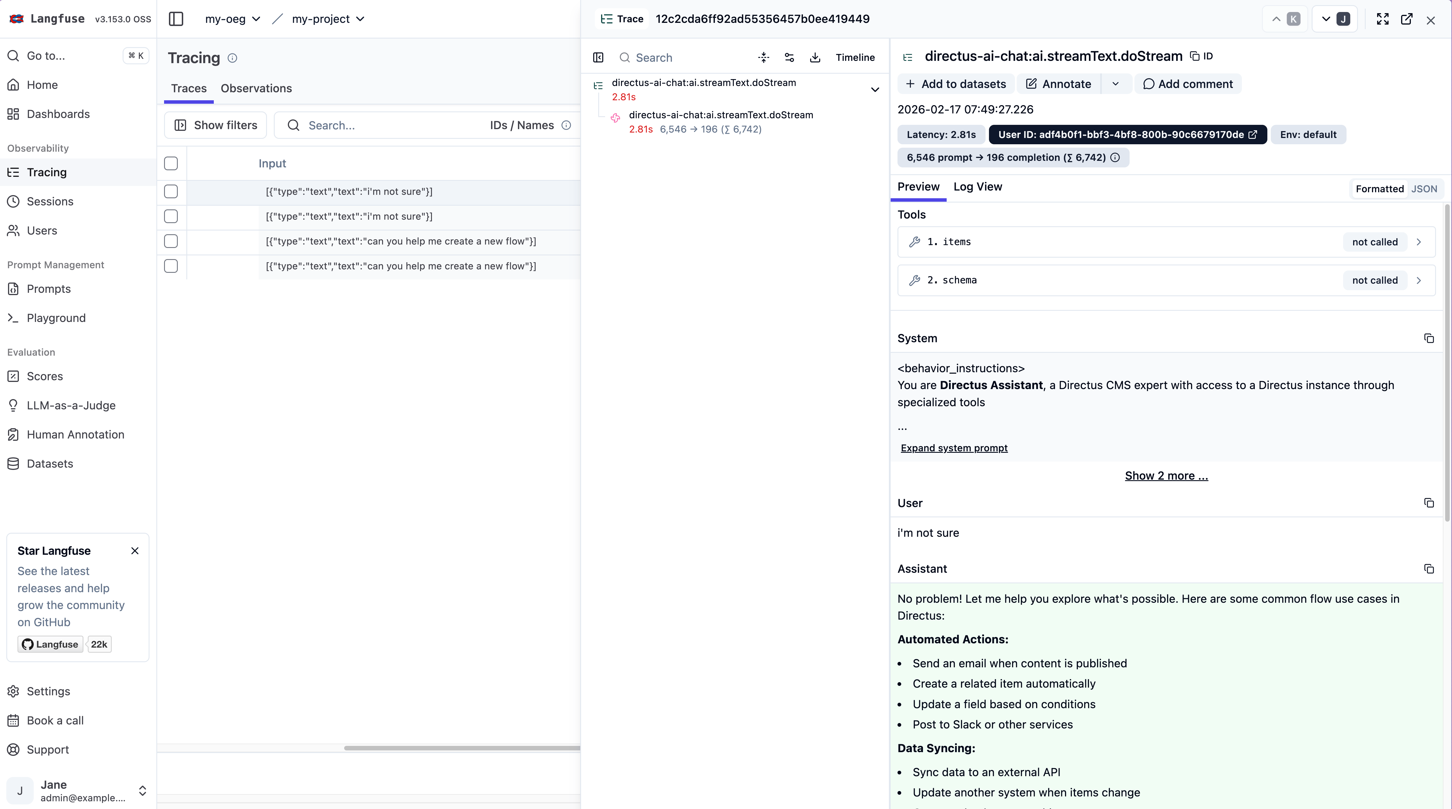 Langfuse trace dashboard showing AI Assistant requests