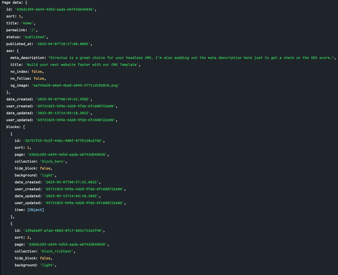 Console log of blocks data